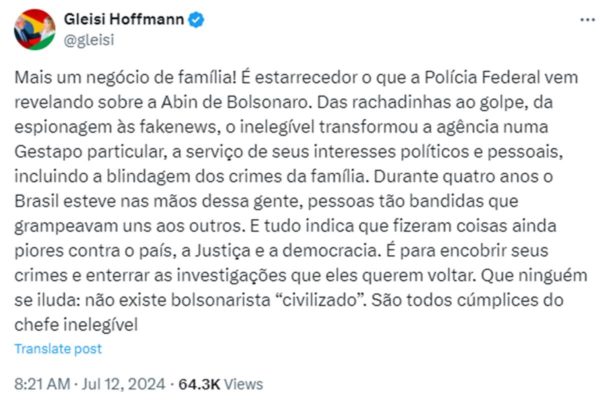 Imagem colorida de publicação da deputada federal Gleisi Hoffman sobre Michelle Bolsonaro -Metrópoles