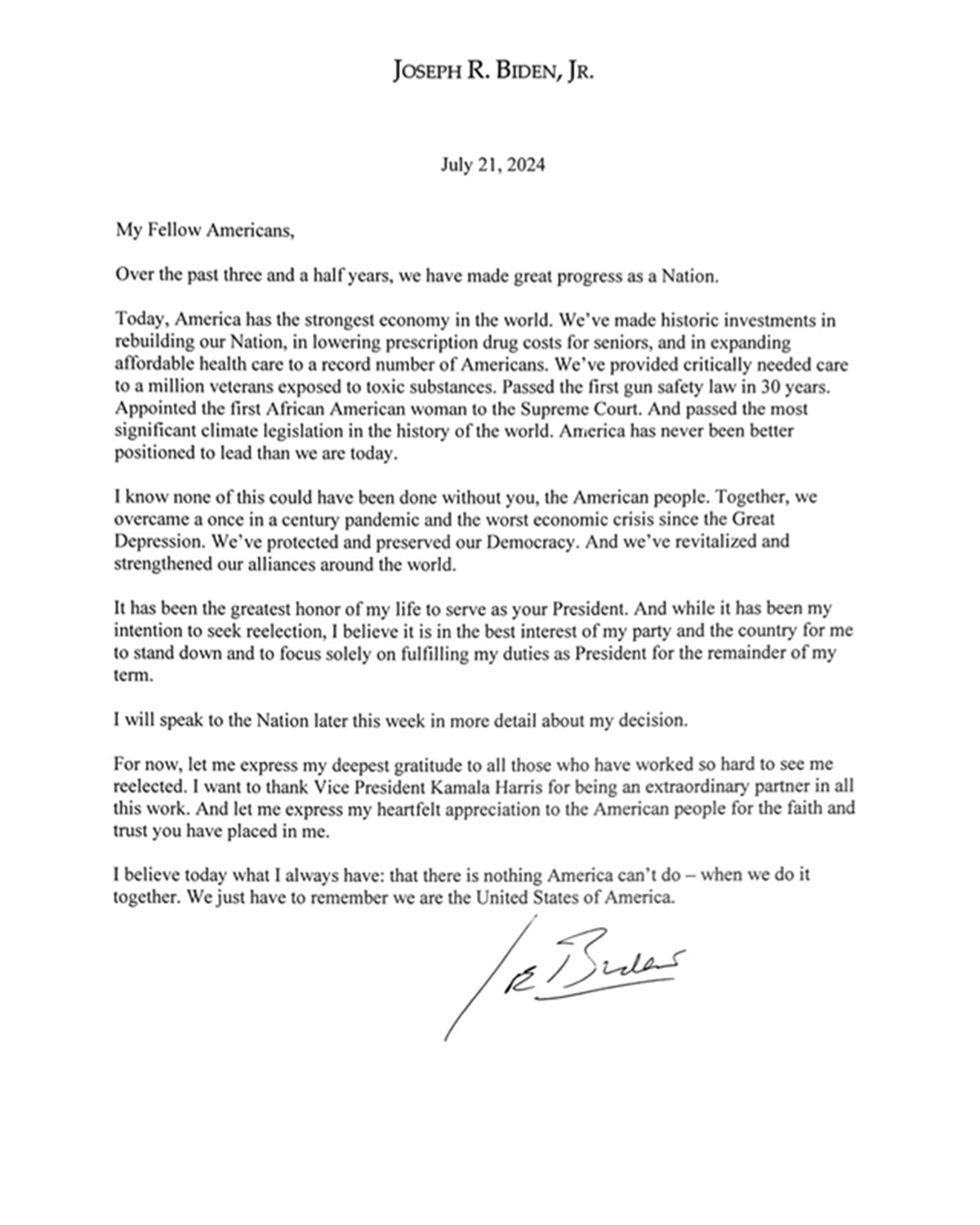 imagem da carta de desistência da carta de Joe Biden