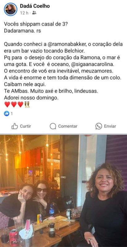 Publicação de Dadá Coelho com Ana Carolina e a namorada, Ramona Bakker