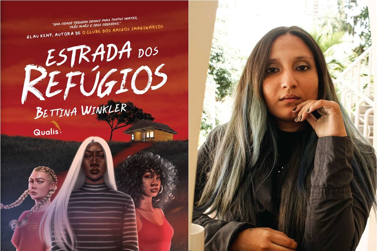 Bettina Winkler ao lado da capa de seu livro em montagem colorida - Metrópoles