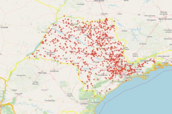 Mapa com registros de incêndios até 26 de julho de 2024 no estado de São Paulo 