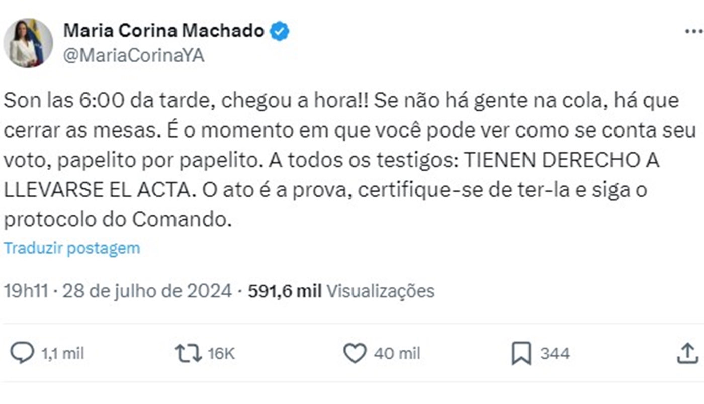 Printscreen de twitter de líder da oposição da Venezuela - Metrópoles