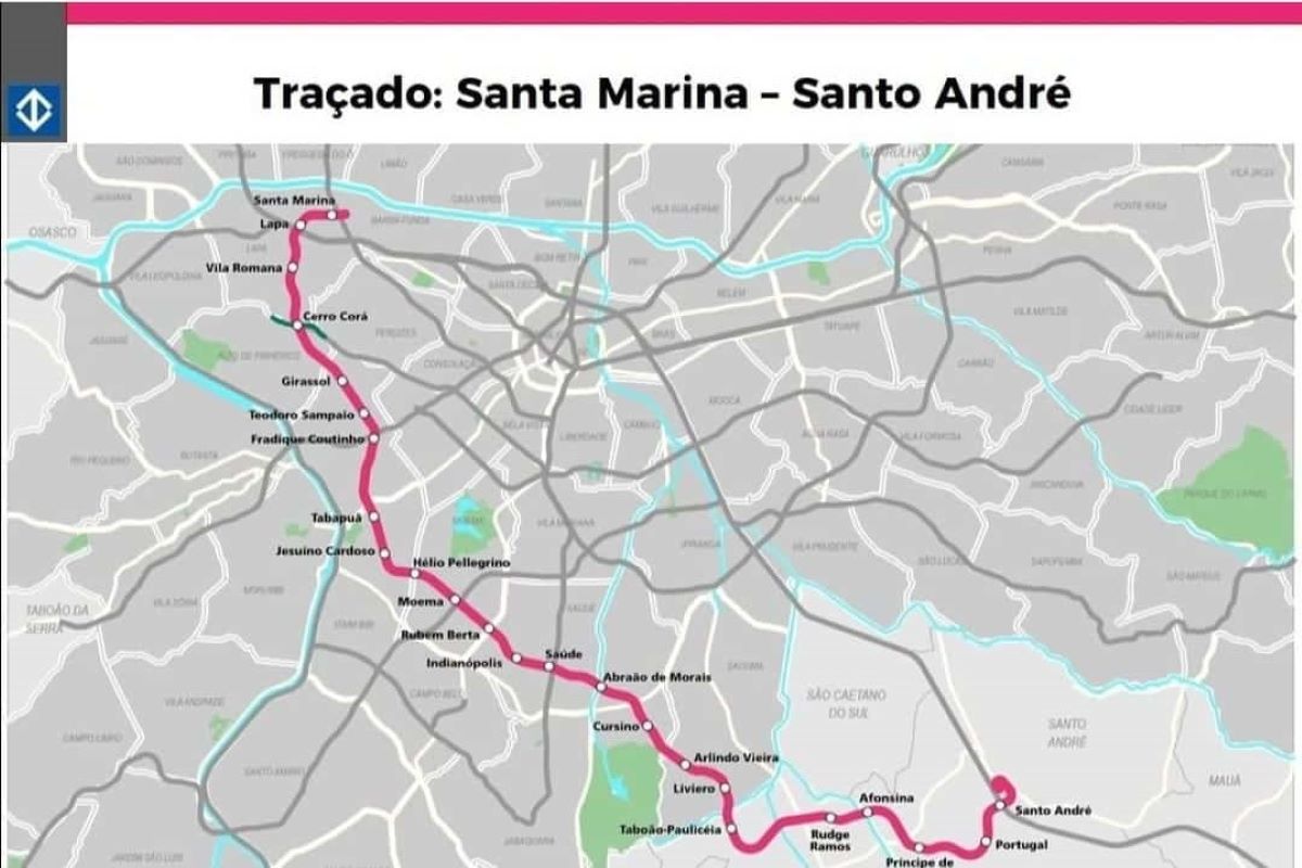 Imagem colorida mostra trajeto da futura linha 20 Rosa do Metrô de São Paulo - Metrópoles