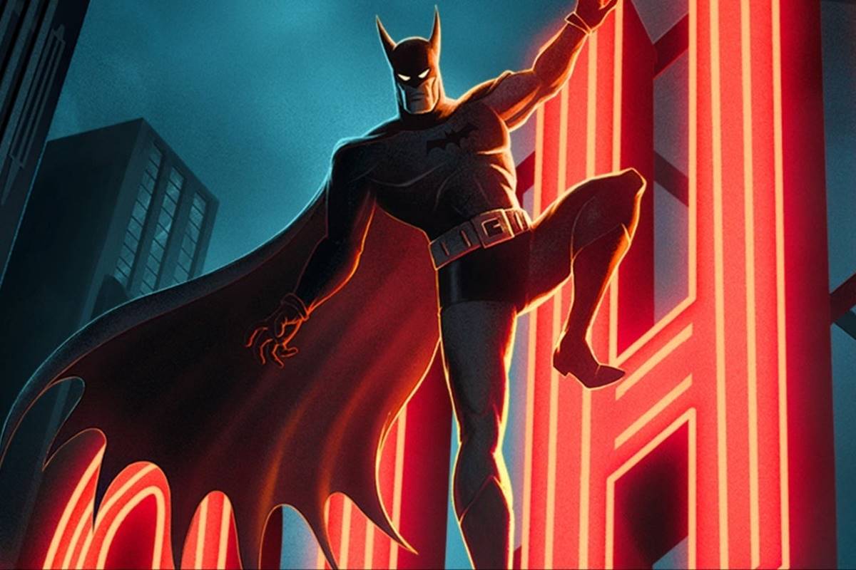 Desenho colorido do herói Batman em um letreiro - Metrópoles