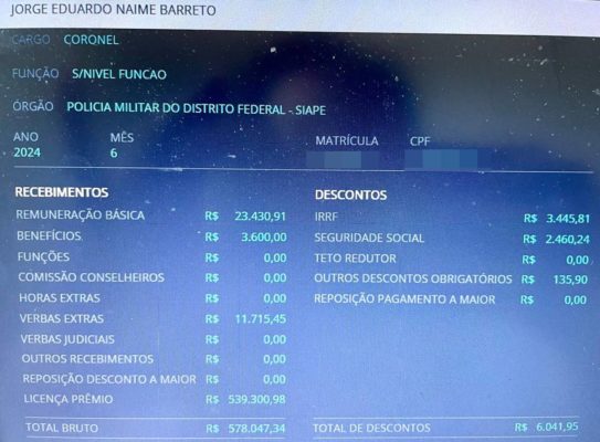 imagem colorida do contracheque de Eduardo Naime, da PMDF, após receber 578 mil de aposentadoria