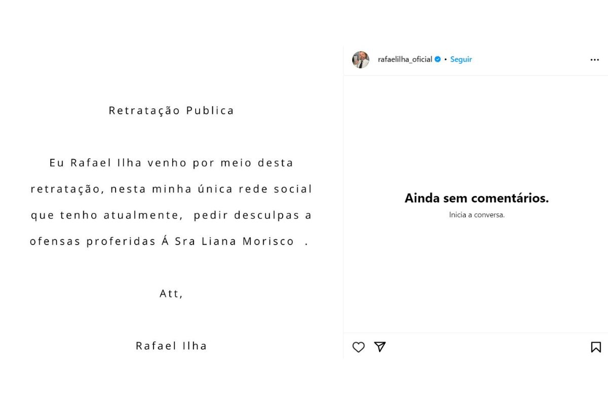 Imagem em preto e branco mostra texto de retratação de Rafael Ilha - Metrópoles