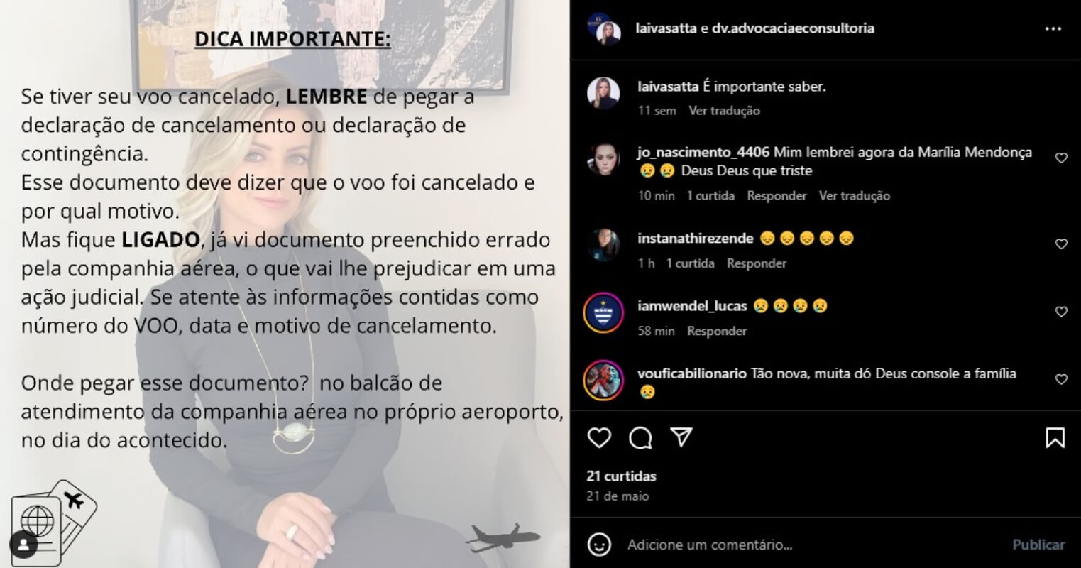 Print de postagem do Instagram profissional de advogada que morreu em acidente da VoePress. - Metrópoles