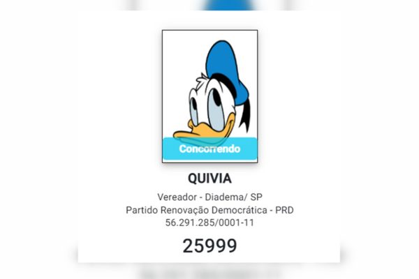 Imagem colorida mostra candidata que foi registrada com a foto do pato donald - Metrópoles