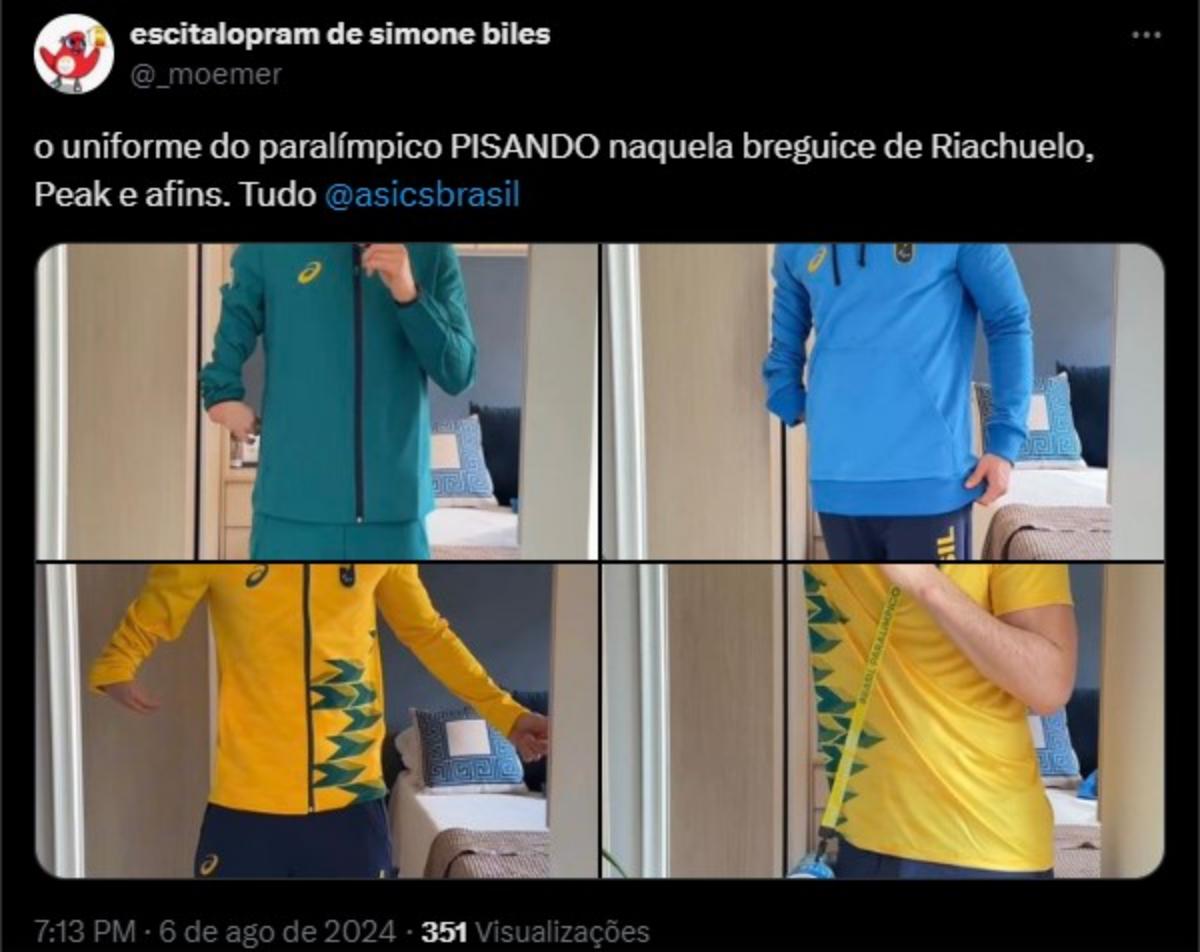 Na imagem com cor, print de tweets da rede social X (Twitter) sobre os Uniformes Paralímpicos do Brasil - metrópoles 