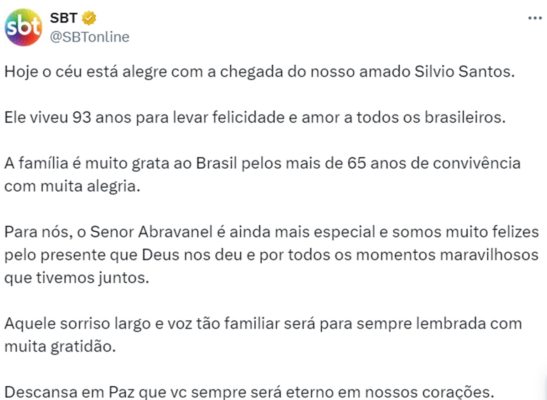 Imagem colorida de nota do SBT sobre morte de silvio santos