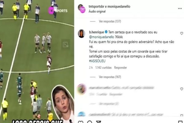 Imagem colorida de Bruno Henrique respondendo post de repórter 