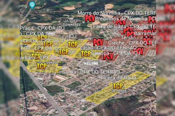 Imagem colorida mostra mapa no Rio de Janeiro mostra áreas dominadas por cada facção - Metrópoles