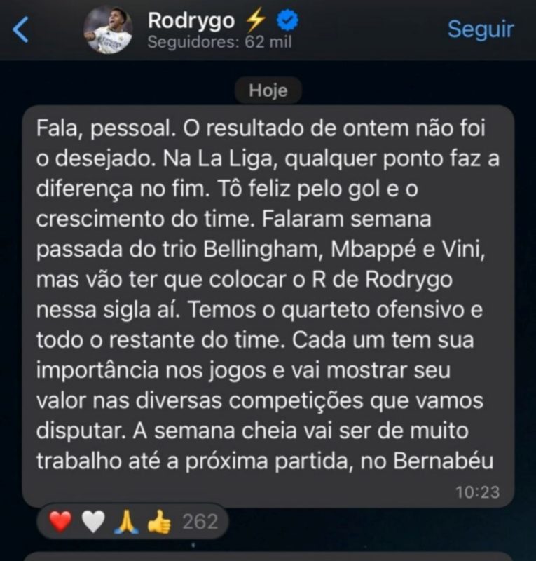 Mensagem de Rodrygo no WhatsApp - Metrópoles