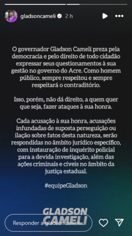 Governador do Acre, Gladson Cameli se defende da acusação de estupro feita por Marcelo Bimbi