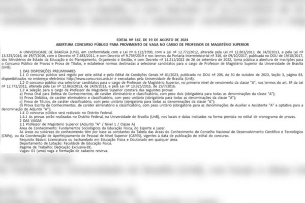 A Universidade de Brasília (UnB) divulgou, no Diário Oficial da União (DOU) desta terça-feira (27/8), a abertura de um processo seletivo para o cargo de Professor de Magistério Superior. O concurso oferece uma vaga para a área de Fundamentos Sociológicos da Educação Física, do Esporte e Lazer, além da formação de cadastro reserva.