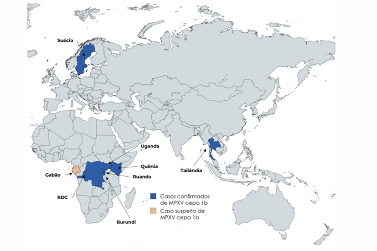 Mapa de casos no mundo de mpox clado 1b até 3 de setembro de 2024