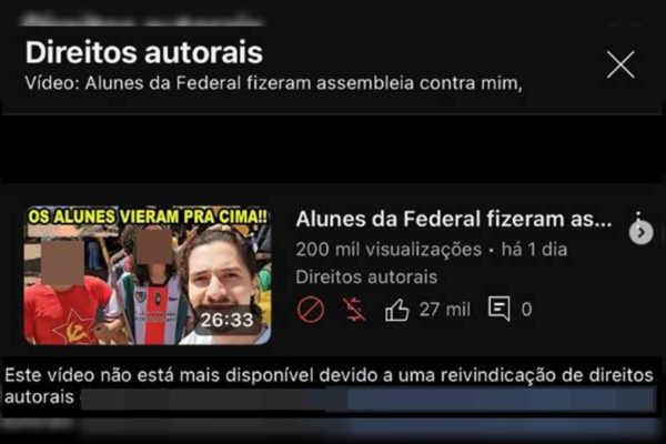 Mensagem youtube remoção de vídeo por violação de direitos autorais