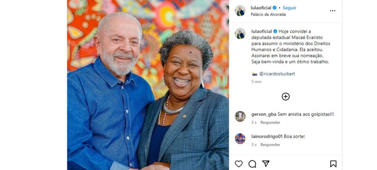 Lula publica foto de boas-vindas a Macaé Evaristo