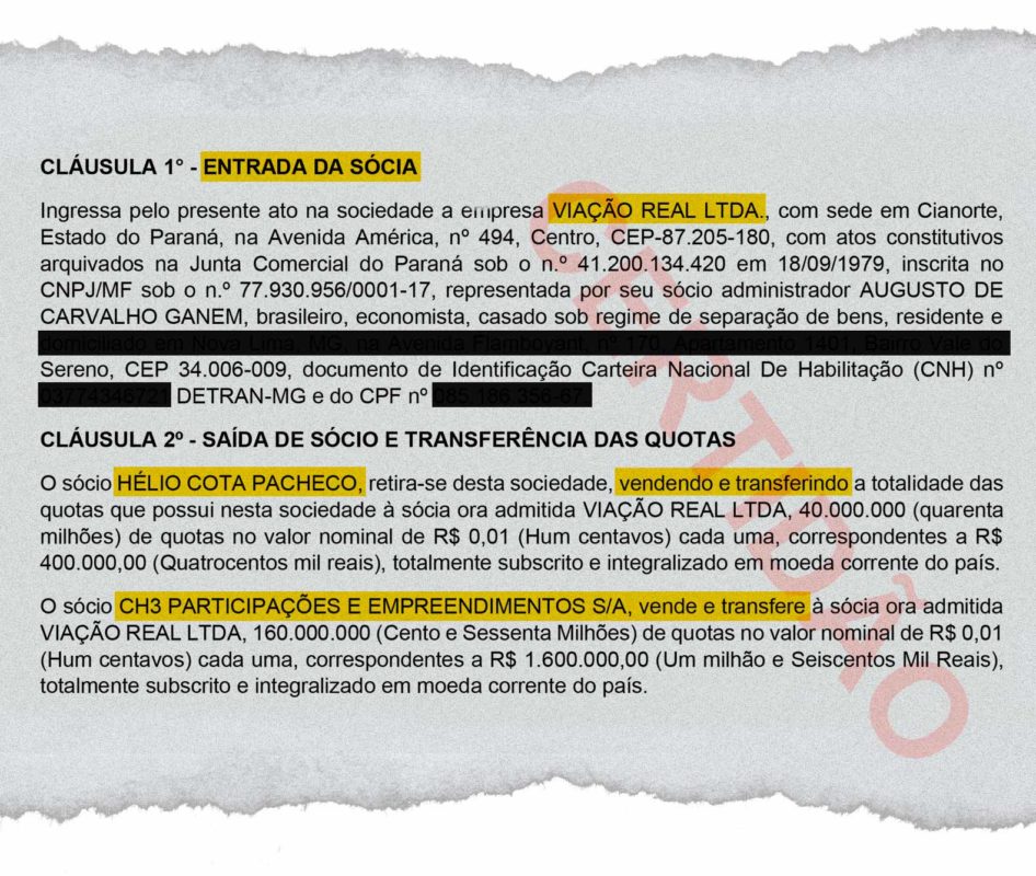 Documento obtido pela coluna confirma venda da Viação Real, que pertencia a Pacheco, a grupo do empresário Rubens Lessa