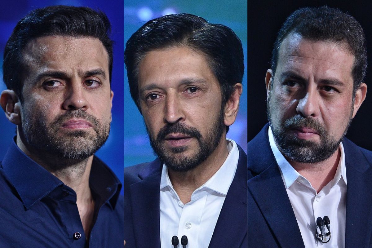 Montagem mostra recortes de fotos de Pablo Marçal, Ricardo Nunes e Guilherme Boulos, candidatos à Prefeitura de São Paulo