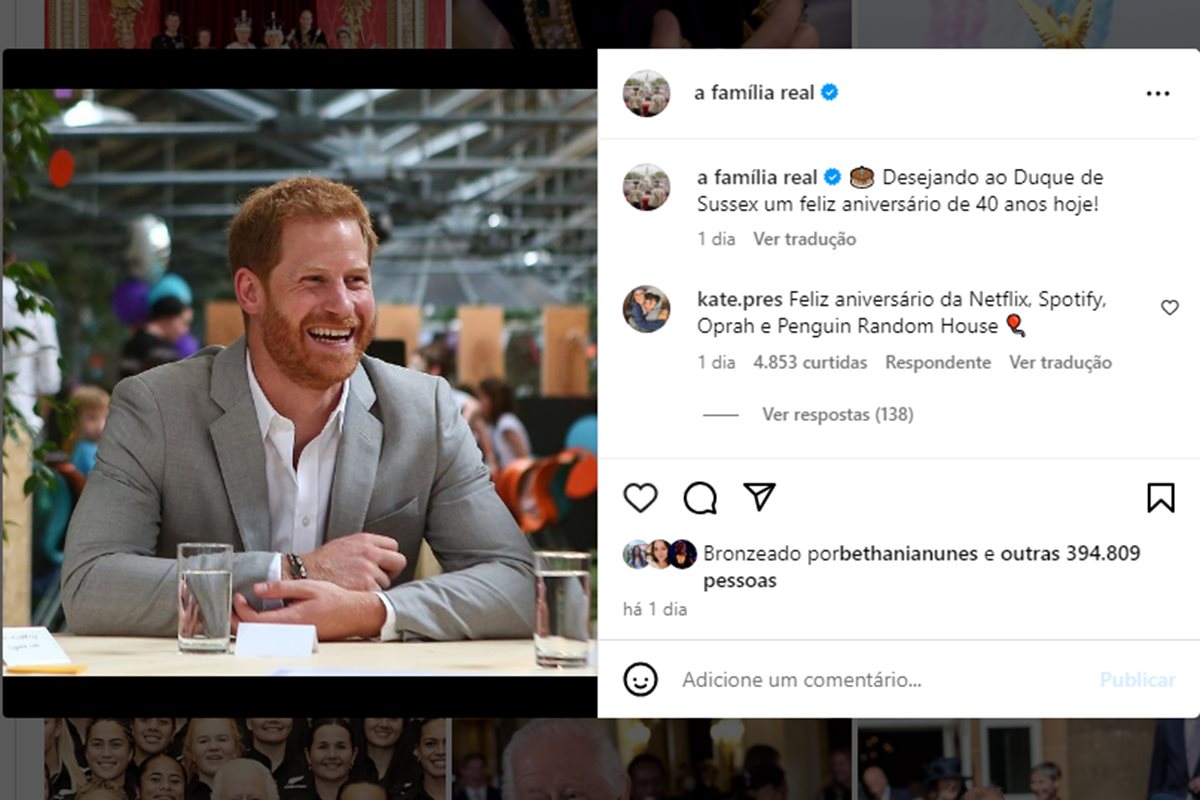 Print de postagem no Instagram em que aparece o príncipe Harry - Metrópoles