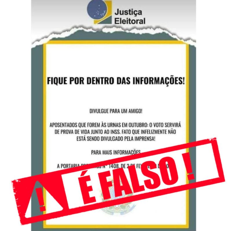 Imagem colorida de fake news sobre INSS, TSE e prova de vida - Metrópoles