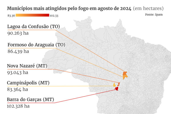 Imagem colorida de mapa com cidades que mais queimaram em agosto