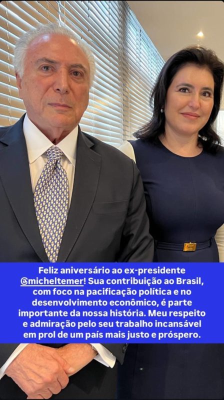 Simone Tebet e o ex-presidente Michel Temer