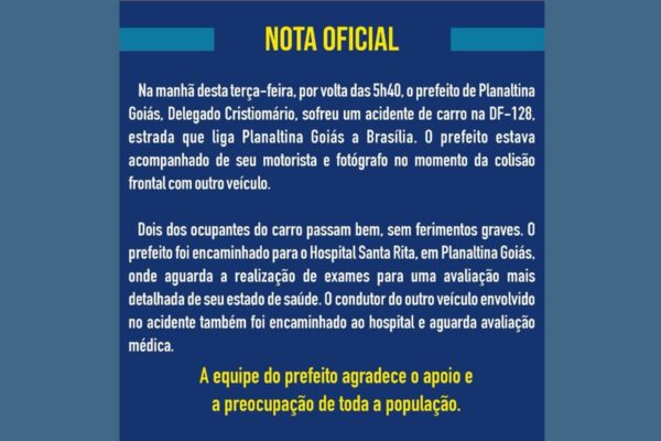 O atual prefeito de Planaltina, Delegado Cristiomário (PP), sofreu um acidente de carro na manhã desta terça-feira (24/9), na DF-128, trecho que liga o município vizinho a Brasília. Após o acidente, o candidato foi transportado para avaliação médica ao Hospital Santa Rita e apresentou fratura na escápula, mas passa bem. 