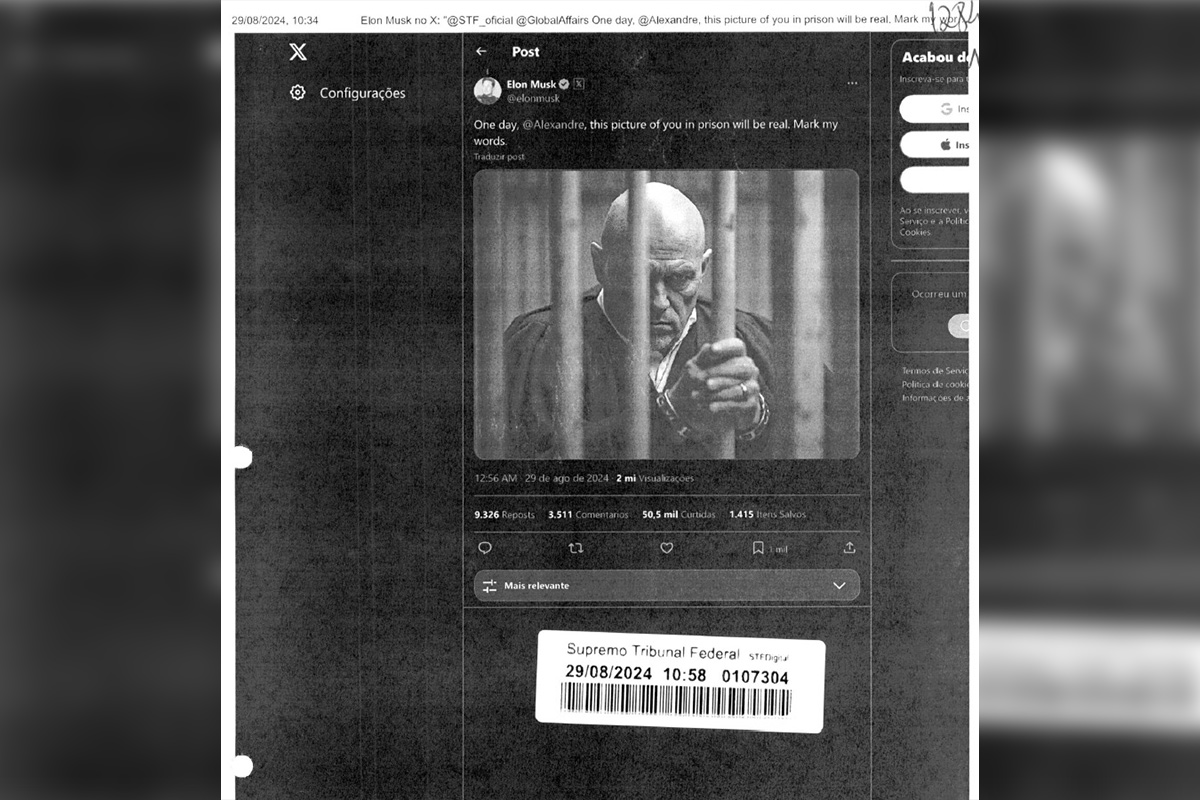 STF anexa a processo ameaça de Elon Musk a Alexandre de Moraes