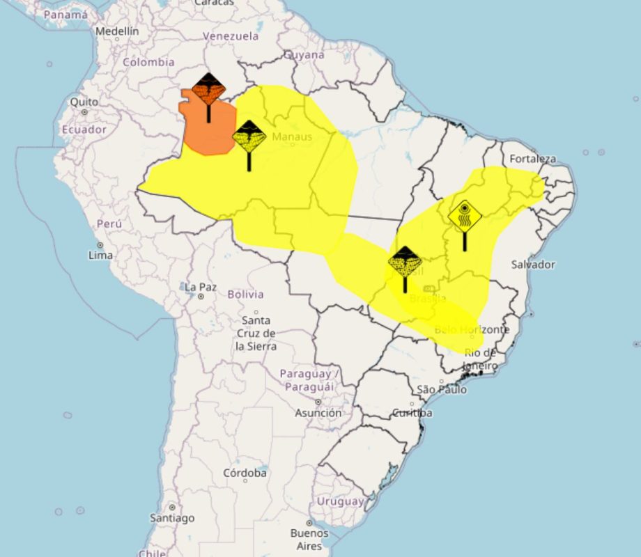 Imagem colorida de mapa de alerta do INMET - Metrópoles