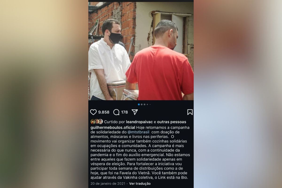 Imagem colorida mostra print do instagram de Guilherme Boulos no qual ele distribui cestas básicas no dia 20 de janeiro de 2021 - Metrópoles