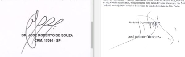 Comparação de assinaturas de médico indicado no falso laudo publicado por Marçal contra Boulos. Assinatura usada no laudo (à esquerda) e a assinatura verdadeira (à direita). - Metrópoles