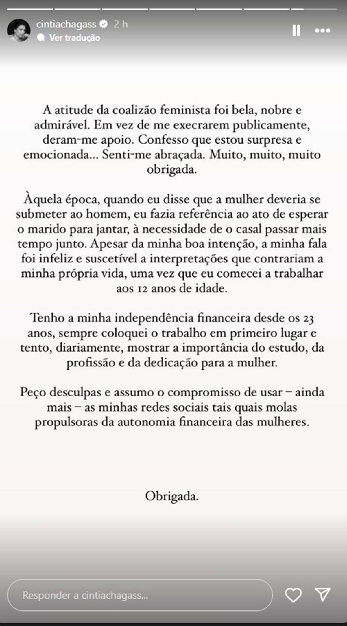 Print de texto postado por Cíntia Chagas - Metrópoles