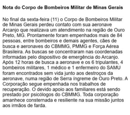 Imagem de nota de pesar do Corpo de Bombeiros de Minas Gerais 