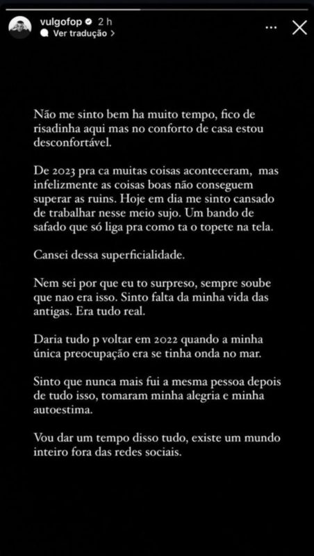 Gabriel Fop revela vontade de ser anônimo