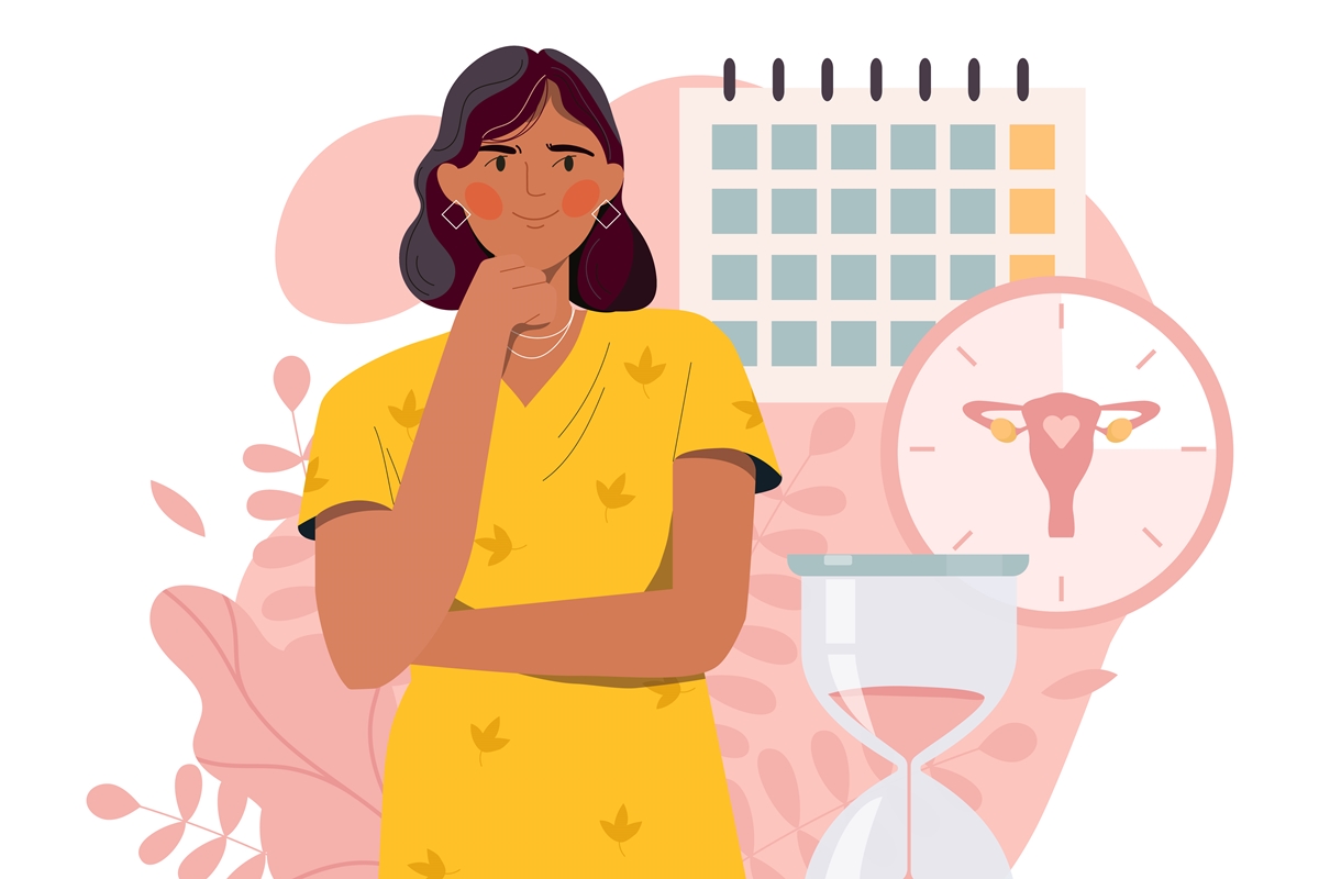 Ilustração mostra mulher, um calendário, uma ampulheta e o desenho de um útero - Metrópoles