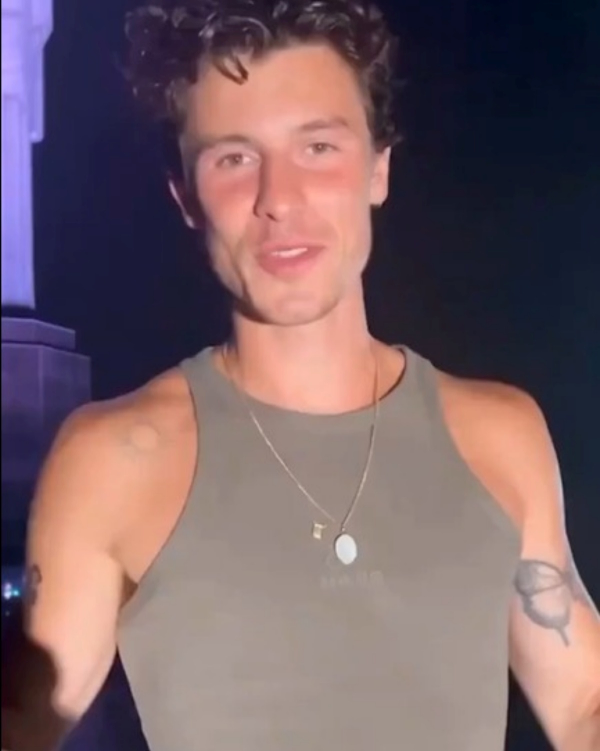 A imagem mostra o cantor Shawn Mendes olhando para a camera enquanto veste uma regata cinza da marca Mondepars