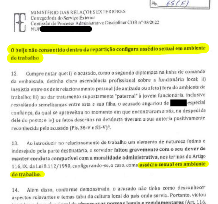 Trecho de relatório do Itamaraty confirma assédio sexual praticado por diplomata brasileiro