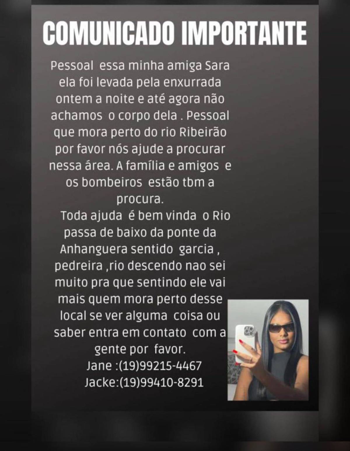 Sara Gabrielli, de 18 anos, voltava do trabalho quando foi arrastada pela enxurrada no Córrego do Piçarrão, em Campinas, nesta quinta-feira - Metrópoles