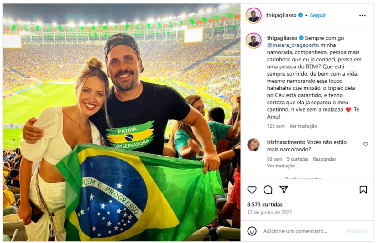 Thiago Gagliasson com a ex, Maiara Braga Porto. Ela é atual do jogador do Flamengo Gonzalo Plata