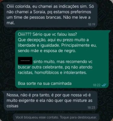 Após receber a mensagem, a cerimonialista Aline Ferreira denunciou a noiva por racismo e rompeu o contrato. Caso aconteceu em Piracicaba - Metrópoles