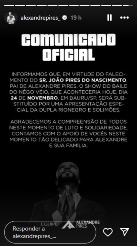 Comunicado de cancelamento do show de Alexandre Pires