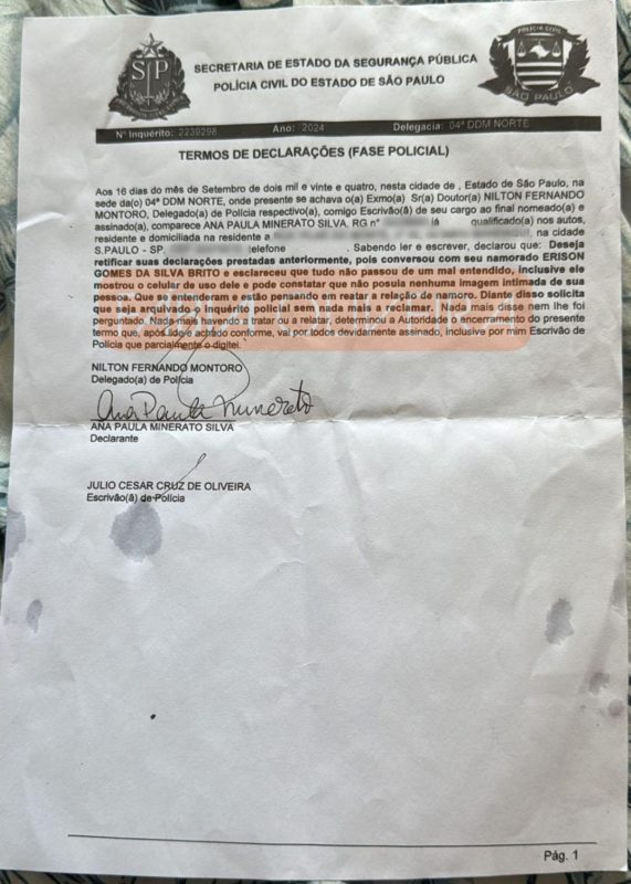 Boletim de ocorrência que a coluna Fábia teve acesso, onde Ana Paula Minerato retira uma queixa de violência domástica contra o ex, KT Gomez