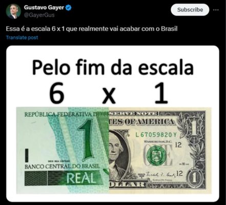 Foto colorida de meme divulgada pelo deputado Gustavo Gayer sobre alta do dólar - Metrópoles