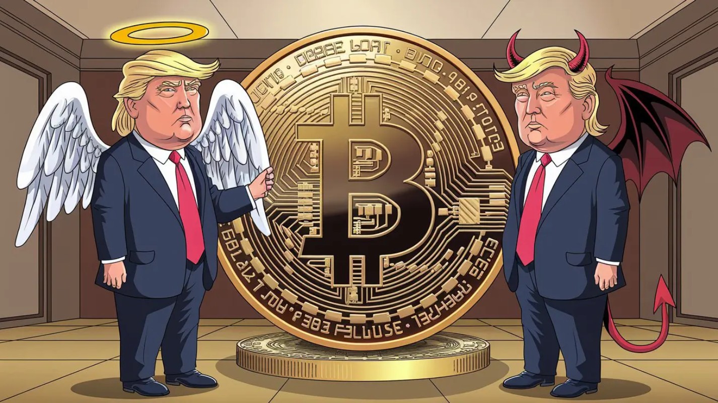 Ilustração colorida mostrando duas versões do Donald Trump, um anjo e um demônio, entre uma moeda de Bitcoin-Metrópoles