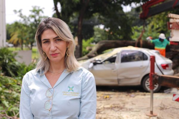 Foto colorida de mulher loira de costas para carro destruído por arvore caída