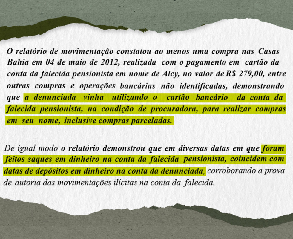 Trecho da denúncia do MPM contra neta que usou dinheiro de pensão depositada indevidamente pelo Exército na conta da avó falecida