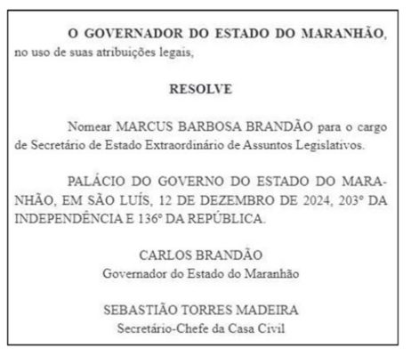 Nomeação diário oficial de irmão do governador do Maranhão, Carlos Brandão