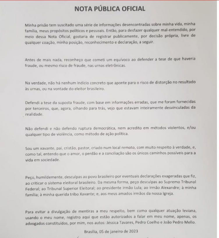 Print preto e branco da carta do cacique Tserere falando sobre possível fraude nas eleições